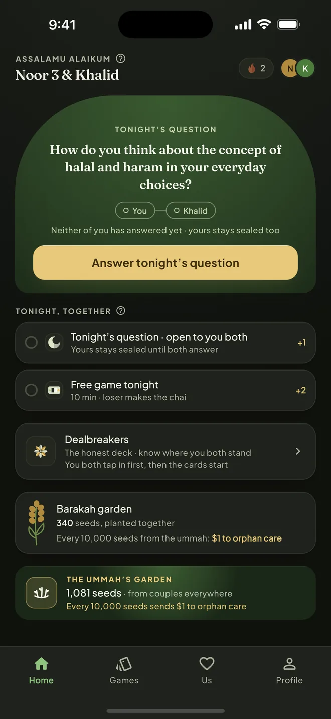 Mawadda home screen with tonight's question